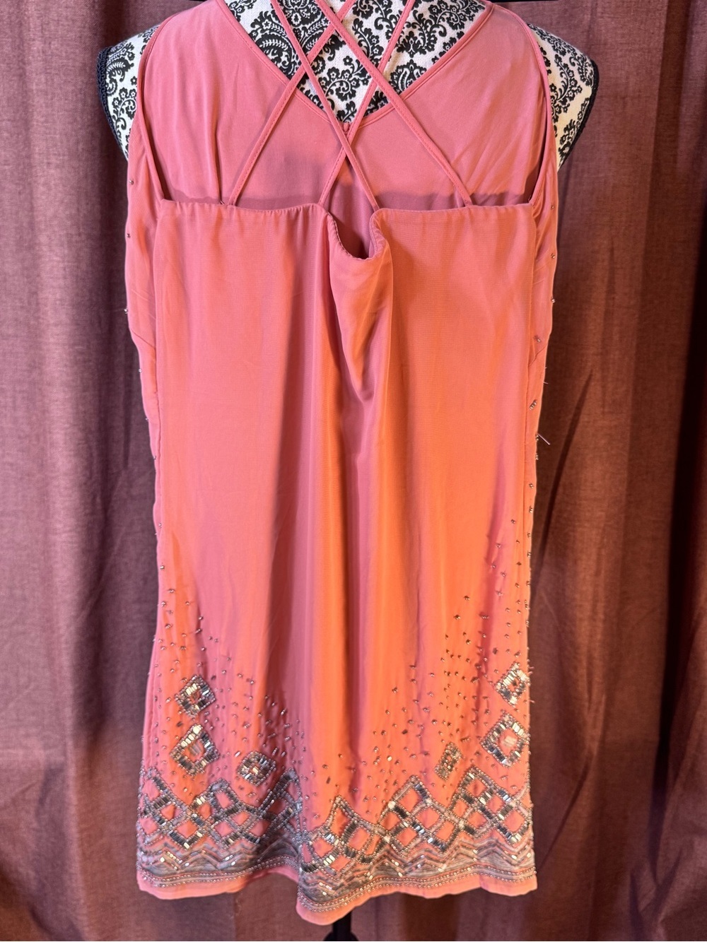 White House Black Market Coral Geometric Beaded Strappy Mini Dress size XXS​ - Picture 4 of 5